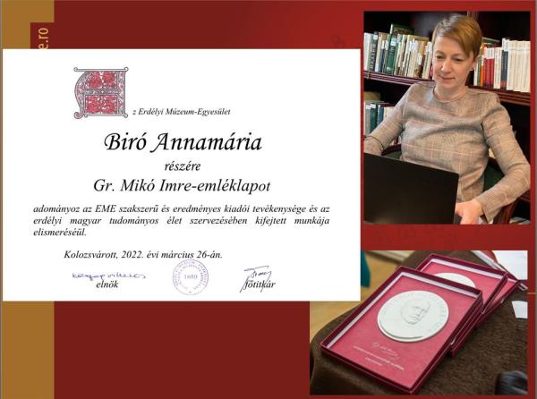 Biró Annamáriát Gr. Mikó Imre-emléklappal tüntették ki Biró Annamáriát Gr. Mikó Imre-emléklappal tüntették ki